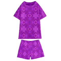 Magenta Mosaic Pattern Triangle Kids  Swim Tee And Shorts Set by Pakrebo