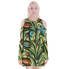 Mosaic Tile Art Ceramic Colorful Velvet Long Sleeve Shoulder Cutout Dress by Pakrebo