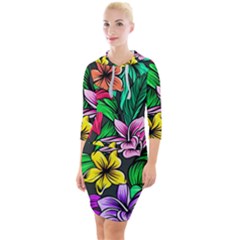 Hibiscus Flower Plant Tropical Quarter Sleeve Hood Bodycon Dress by Pakrebo