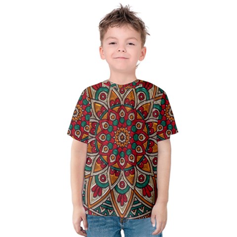 Mandala - Red & Teal  Kids  Cotton Tee by WensdaiAmbrose