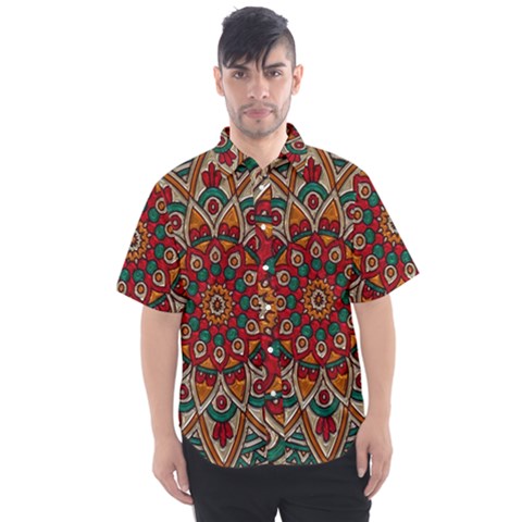 Mandala - Red & Teal  Men s Short Sleeve Shirt by WensdaiAmbrose