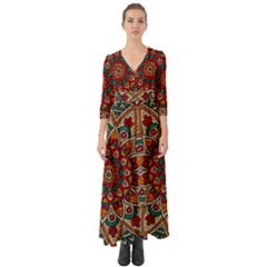 Mandala - Red & Teal  Button Up Boho Maxi Dress by WensdaiAmbrose