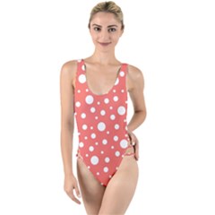 Polka Dot On Living Coral High Leg Strappy Swimsuit by LoolyElzayat