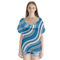 Blue Wave Surges On V-neck Flutter Sleeve Top by WensdaiAmbrose