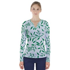 Leaves Foliage Green Wallpaper V-neck Long Sleeve Top by Mariart