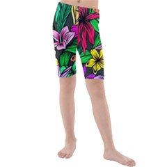 Neon Hibiscus Kids  Mid Length Swim Shorts by retrotoomoderndesigns