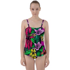 Neon Hibiscus Twist Front Tankini Set by retrotoomoderndesigns