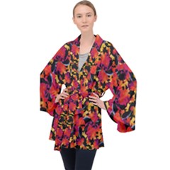 Red Floral Collage Print Design 2 Velvet Kimono Robe by dflcprintsclothing