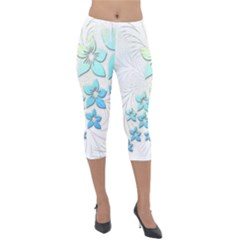 Flowers Background Leaf Leaves Blue Lightweight Velour Capri Leggings  by Mariart