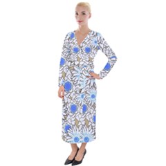 Vintage White Blue Flowers Velvet Maxi Wrap Dress by snowwhitegirl