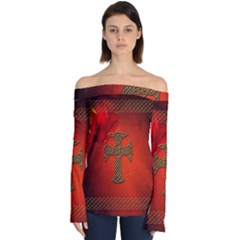 Wonderful Celtic Cross On Vintage Background Off Shoulder Long Sleeve Top by FantasyWorld7