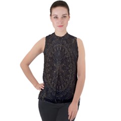 Black Flower Mandala Mock Neck Chiffon Sleeveless Top by retrotoomoderndesigns