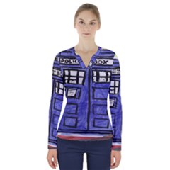 Tardis Painting V-neck Long Sleeve Top by Sudhe