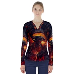 Dragon Legend Art Fire Digital Fantasy V-neck Long Sleeve Top by Sudhe