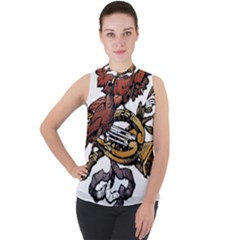 Transparent Background Bird Mock Neck Chiffon Sleeveless Top by Sudhe