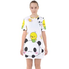 Giant Panda Red Panda Cartoon Drawing Sixties Short Sleeve Mini Dress by Sudhe