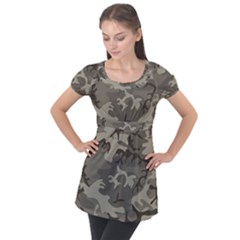 Camo Grey Puff Sleeve Tunic Top by retrotoomoderndesigns