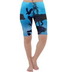 Awesome Black Wolf With Crow And Spider Cropped Leggings  by FantasyWorld7