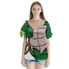 Amphibian Animal Cartoon Reptile V-neck Flutter Sleeve Top by Sudhe