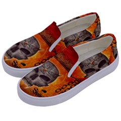 Awesome Skull With Celtic Knot With Fire On The Background Kids  Canvas Slip Ons by FantasyWorld7