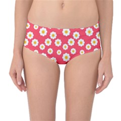 Flowers White Daisies Pattern Red Background Flowers White Daisies Pattern Red Bottom Mid-waist Bikini Bottoms by genx