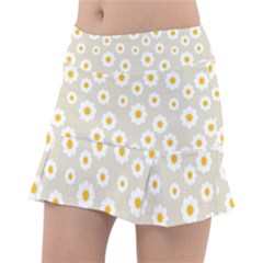 White Daisies Flower Pattern On Vintage Pastel Beige Background Retro Style Tennis Skirt by genx