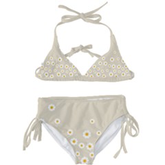 White Daisies Flower Pattern On Vintage Pastel Beige Background Retro Style Kids  Classic Bikini Set by genx