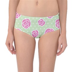 Roses Flowers Pink And Pastel Lime Green Pattern With Retro Dots Mid-waist Bikini Bottoms by genx