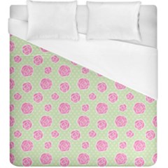 Roses Flowers Pink And Pastel Lime Green Pattern With Retro Dots Duvet Cover (king Size) by genx