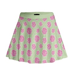 Roses Flowers Pink And Pastel Lime Green Pattern With Retro Dots Mini Flare Skirt by genx