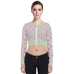 Roses Flowers Pink And Pastel Lime Green Pattern With Retro Dots Long Sleeve Zip Up Bomber Jacket by genx