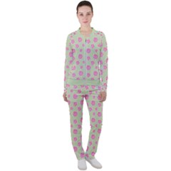 Roses Flowers Pink And Pastel Lime Green Pattern With Retro Dots Casual Jacket And Pants Set by genx