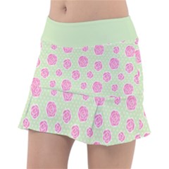 Roses Flowers Pink And Pastel Lime Green Pattern With Retro Dots Tennis Skirt by genx