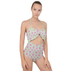 Roses Flowers Pink And Pastel Lime Green Pattern With Retro Dots Scallop Top Cut Out Swimsuit by genx