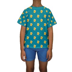 Toast With Cheese Funny Retro Pattern Turquoise Green Background Kids  Short Sleeve Swimwear by genx