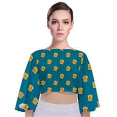 Toast With Cheese Funny Retro Pattern Turquoise Green Background Tie Back Butterfly Sleeve Chiffon Top by genx