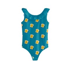 Toast With Cheese Funny Retro Pattern Turquoise Green Background Kids  Frill Swimsuit by genx