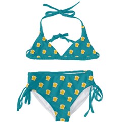 Toast With Cheese Funny Retro Pattern Turquoise Green Background Kids  Classic Bikini Set by genx