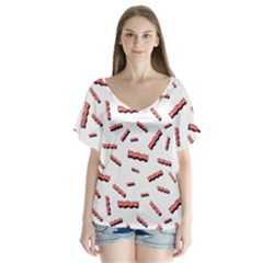 Funny Bacon Slices Pattern Infidel Red Meat V-neck Flutter Sleeve Top by genx