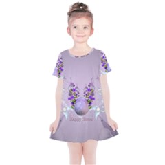 Happy Easter, Easter Egg With Flowers In Soft Violet Colors Kids  Simple Cotton Dress by FantasyWorld7