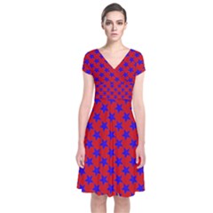 Blue Stars Pattern On Red Short Sleeve Front Wrap Dress by BrightVibesDesign