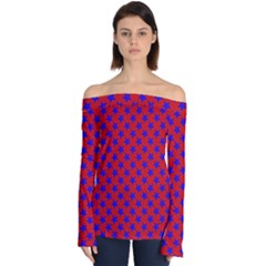 Blue Stars Pattern On Red Off Shoulder Long Sleeve Top by BrightVibesDesign