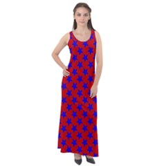 Blue Stars Pattern On Red Sleeveless Velour Maxi Dress by BrightVibesDesign