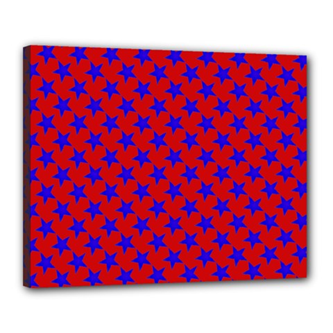 Blue Stars Pattern On Red Canvas 20  X 16  (stretched) by BrightVibesDesign