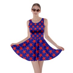 Red Stars Pattern On Blue Skater Dress by BrightVibesDesign