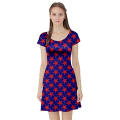 Red Stars Pattern On Blue Short Sleeve Skater Dress by BrightVibesDesign