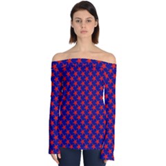 Red Stars Pattern On Blue Off Shoulder Long Sleeve Top by BrightVibesDesign