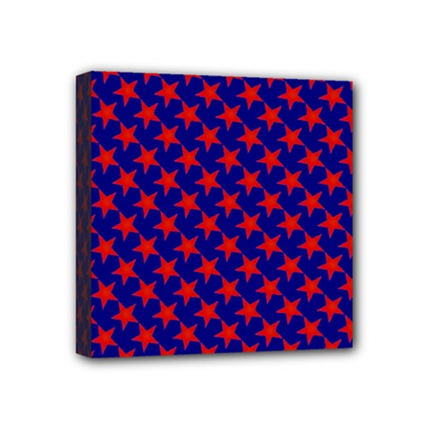 Red Stars Pattern On Blue Mini Canvas 4  X 4  (stretched) by BrightVibesDesign