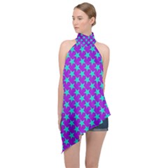 Turquoise Stars Pattern On Purple Halter Asymmetric Satin Top by BrightVibesDesign