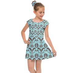 Easter Damask Pattern Robins Egg Blue And Brown Kids  Cap Sleeve Dress by emilyzragz